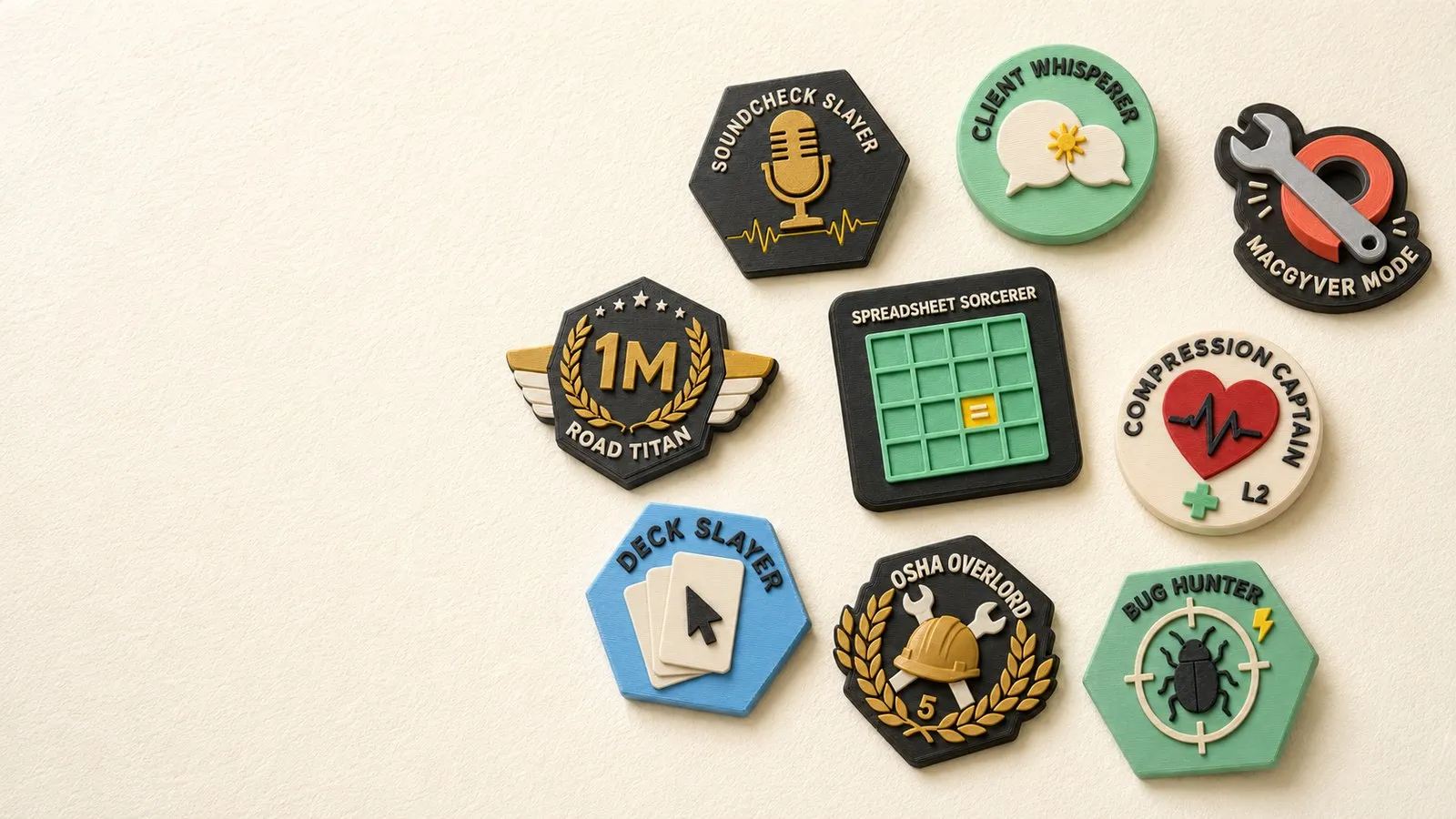 Flat lay of Bravo achievement badges arranged on a cream background
