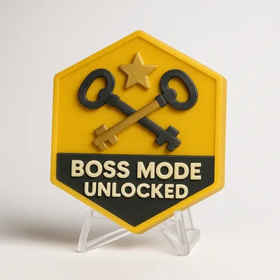 Boss Mode Unlocked magnetic 3D-printed achievement badge