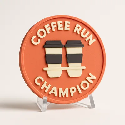 Coffee Run Champion magnetic 3D-printed achievement badge