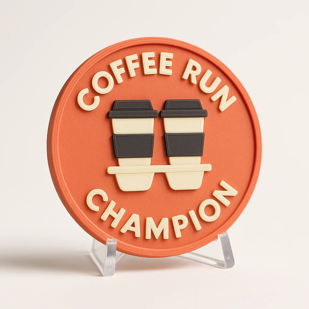 Coffee Run Champion magnetic 3D-printed achievement badge