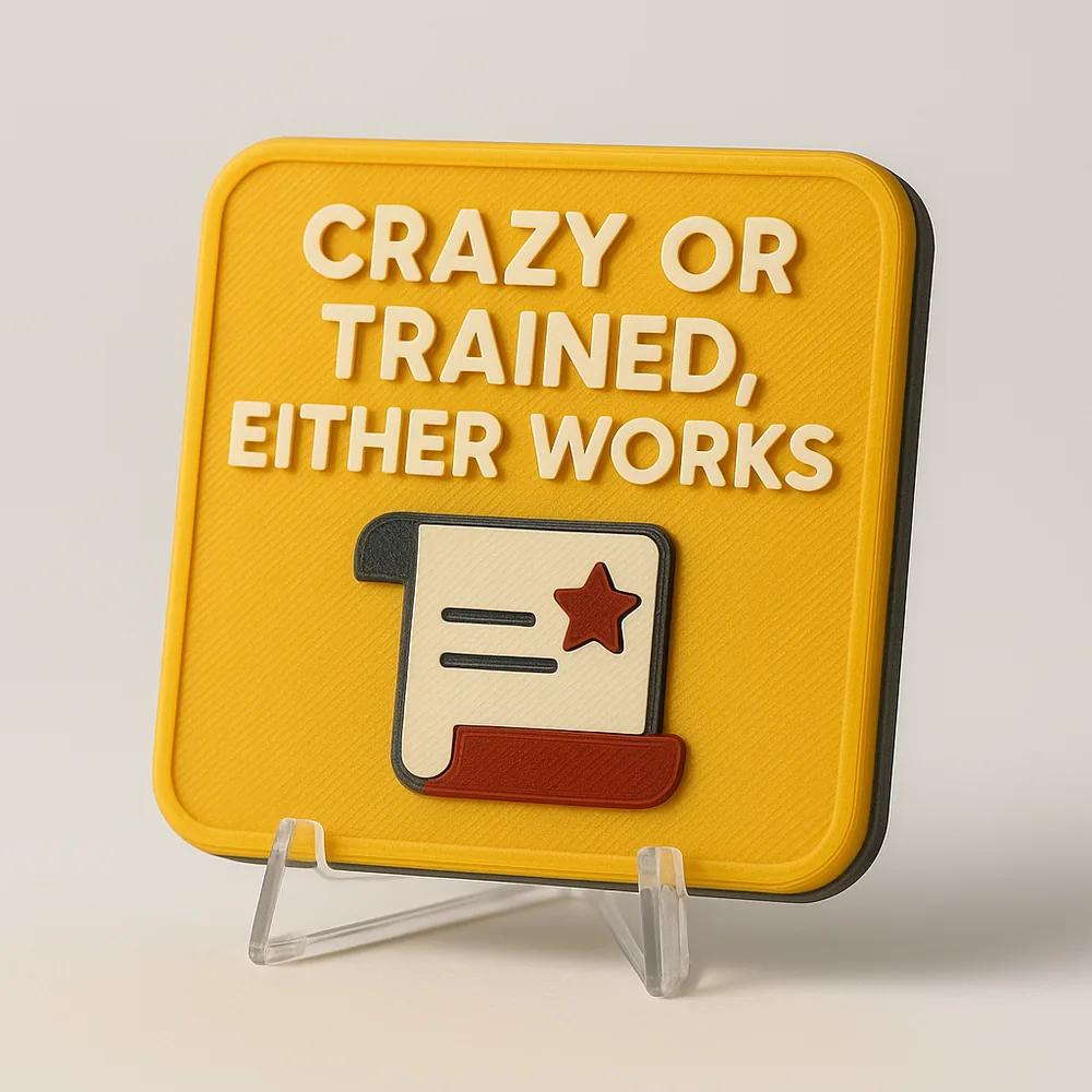 Crazy or Trained, Either Works magnetic 3D-printed achievement badge