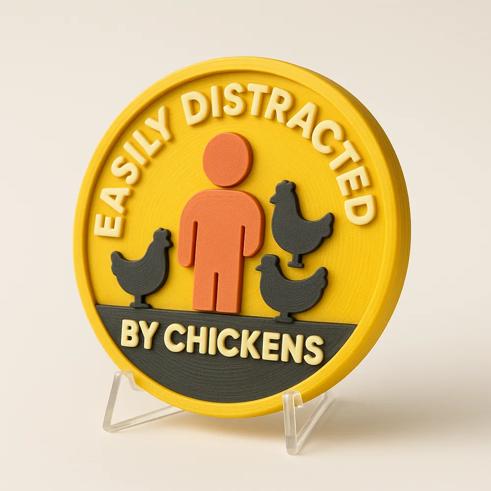 Easily Distracted by Chickens magnetic 3D-printed achievement badge