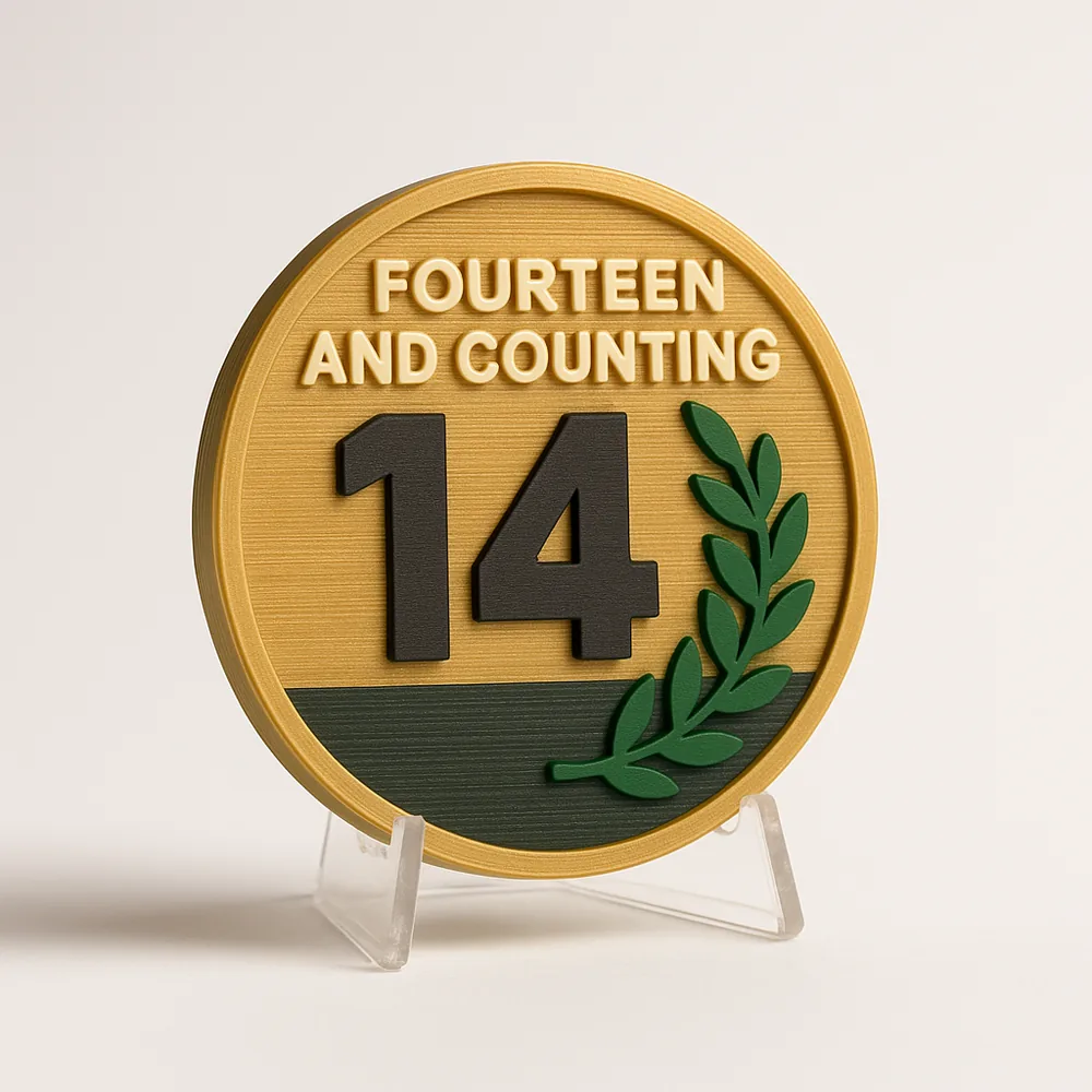 Fourteen and Counting magnetic 3D-printed achievement badge