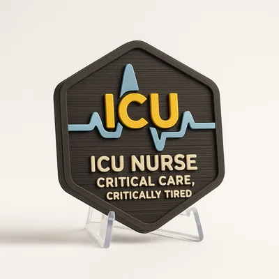 ICU Nurse - Critical Care, Critically Tired magnetic 3D-printed achievement badge