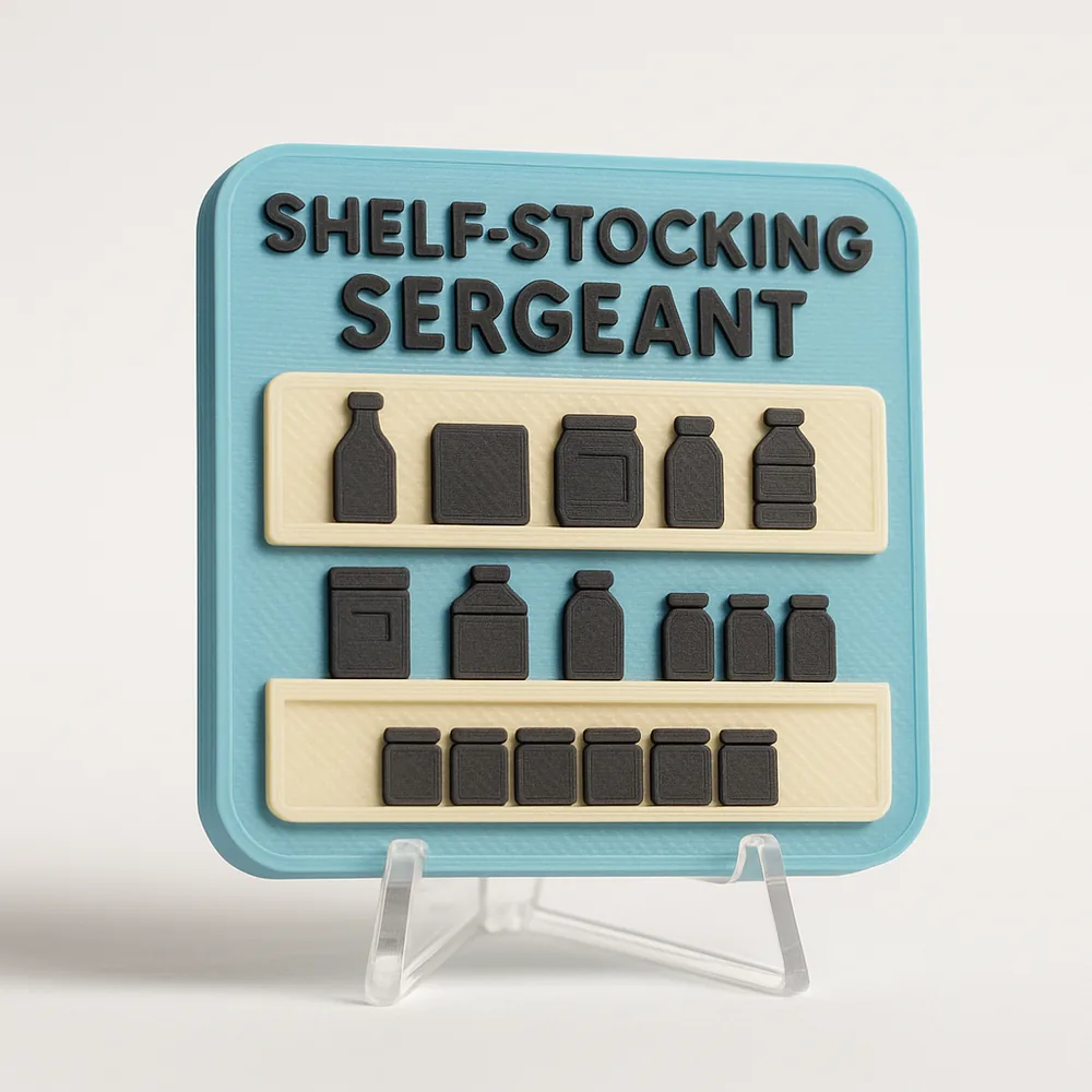 Shelf-Stocking Sergeant magnetic 3D-printed achievement badge