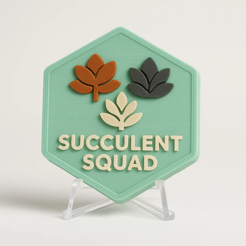 Succulent Squad magnetic 3D-printed achievement badge