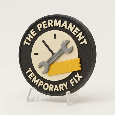 The Permanent Temporary Fix magnetic 3D-printed achievement badge