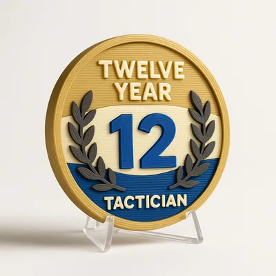 Twelve Year Tactician magnetic 3D-printed achievement badge