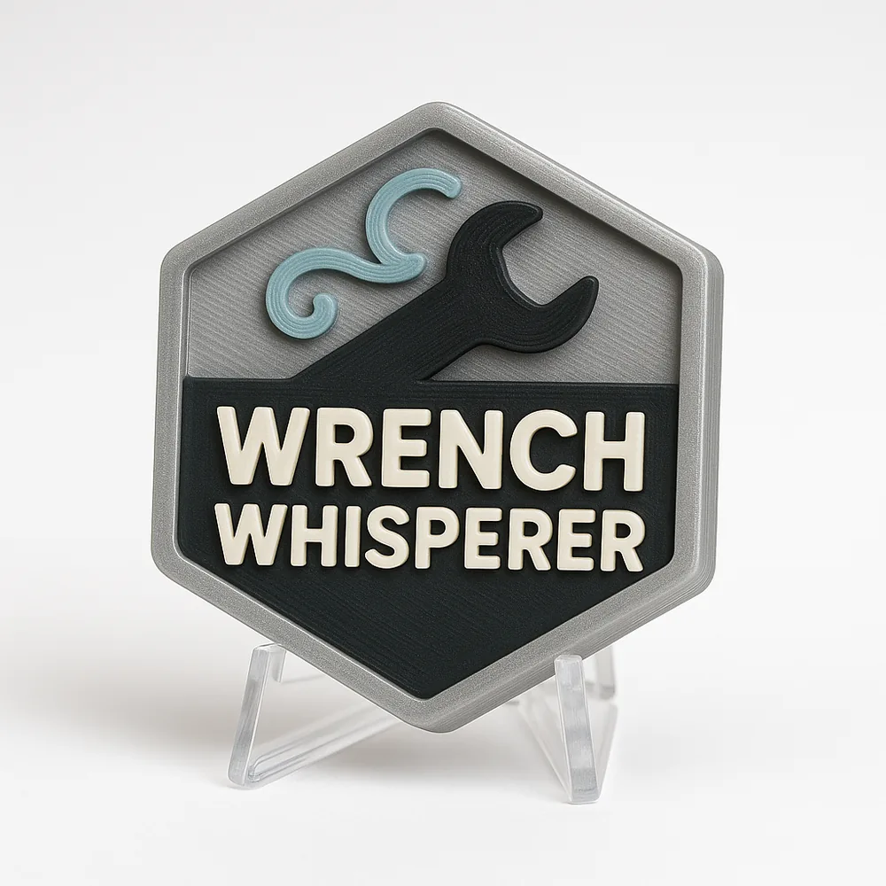 Wrench Whisperer magnetic 3D-printed achievement badge